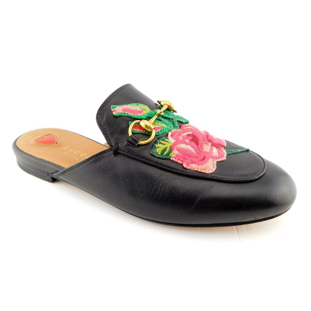 GUCCI Horse Bit Rose Floral Black Leather Slip-on Loafer Mule Flats 37 - Picture 2 of 9